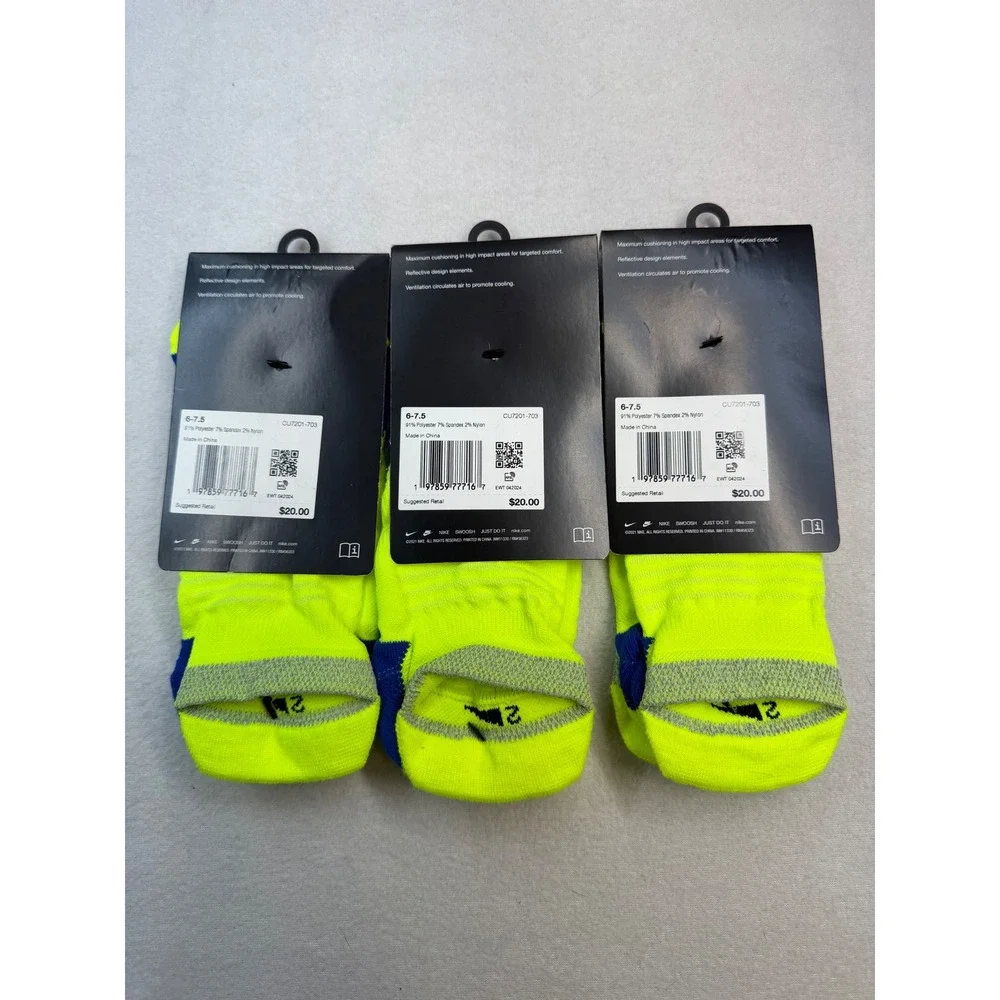 3 Nike Spark Running Cushioned No Show Socks Volt yellow Blue  M 6-7.5 W 7.5-9